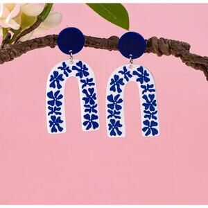 Corfu Goddess U-shaped Porcelain Blue and White Ceramic Style Earrings